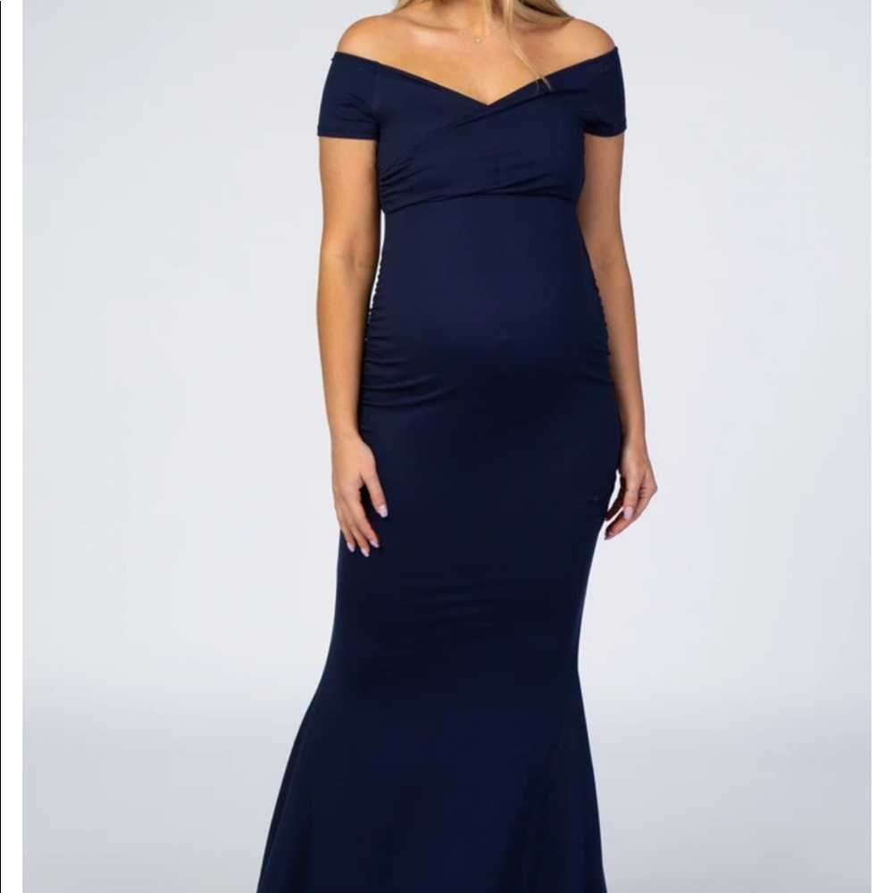 Navy Blue Off Shoulder Wrap Maternity Photoshoot Gown/Dress - Pink Blush